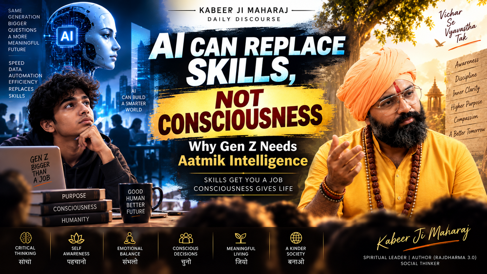 AI Can Replace Skills Not Consciousness — Why Gen Z Needs Aatmik Intelligence. Kabeer Ji Maharaj Daily Discourse banner showing Gen Z student with AI and Kabeer Ji Maharaj. Skills: Critical Thinking, Self Awareness, Emotional Balance, Conscious Decisions, Meaningful Living, A Kinder Society.