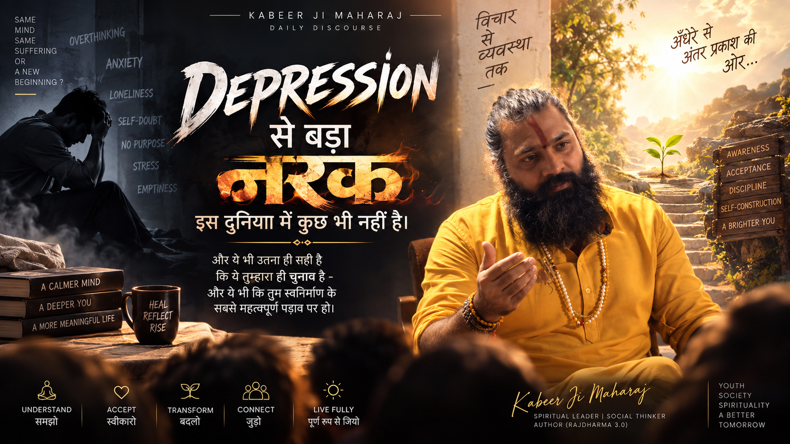 Depression से बड़ा नरक इस दुनिया में कुछ भी नहीं है — Kabeer Ji Maharaj Daily Discourse। Left: person in darkness with Overthinking, Anxiety, Loneliness, Self-doubt, No Purpose, Stress, Emptiness. Right: Kabeer Ji Maharaj with stairway to light — Awareness, Acceptance, Discipline, Self-Construction, A Brighter You।