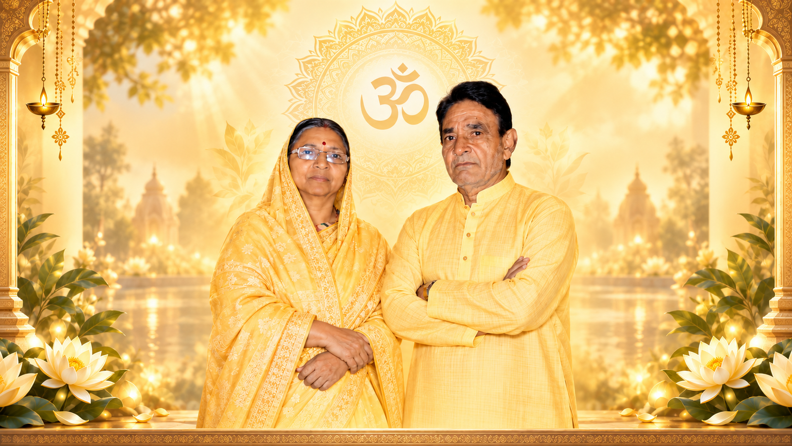 Kabeer Ji Maharaj के माता-पिता — पितृ पक्ष के अवसर पर दिव्य पोर्ट्रेट, ॐ मंडल के साथ। पितृ देवो भव — माता देवो भव।
